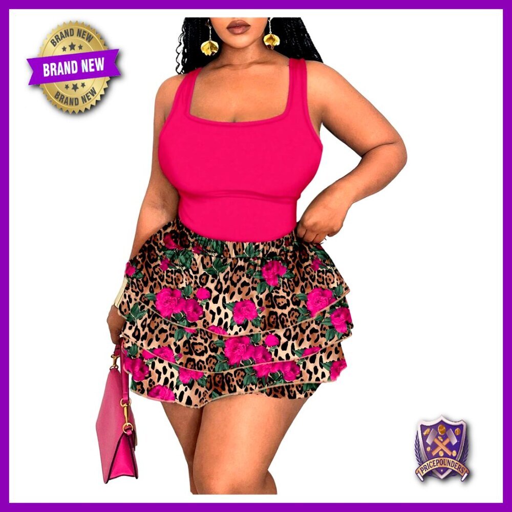 Plus Size 2-Piece Floral Tank Top and Ruffle Shorts Set, Summer Vacation Outfit